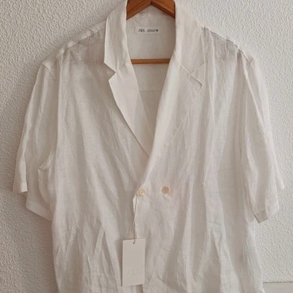Zara White Short-Sleeve Linen Shirt Jacket